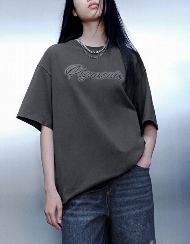 Urban Revivo Letter Embossed Crew Neck Loose Tシャツ レディース 暗グレー | 634059-UWV