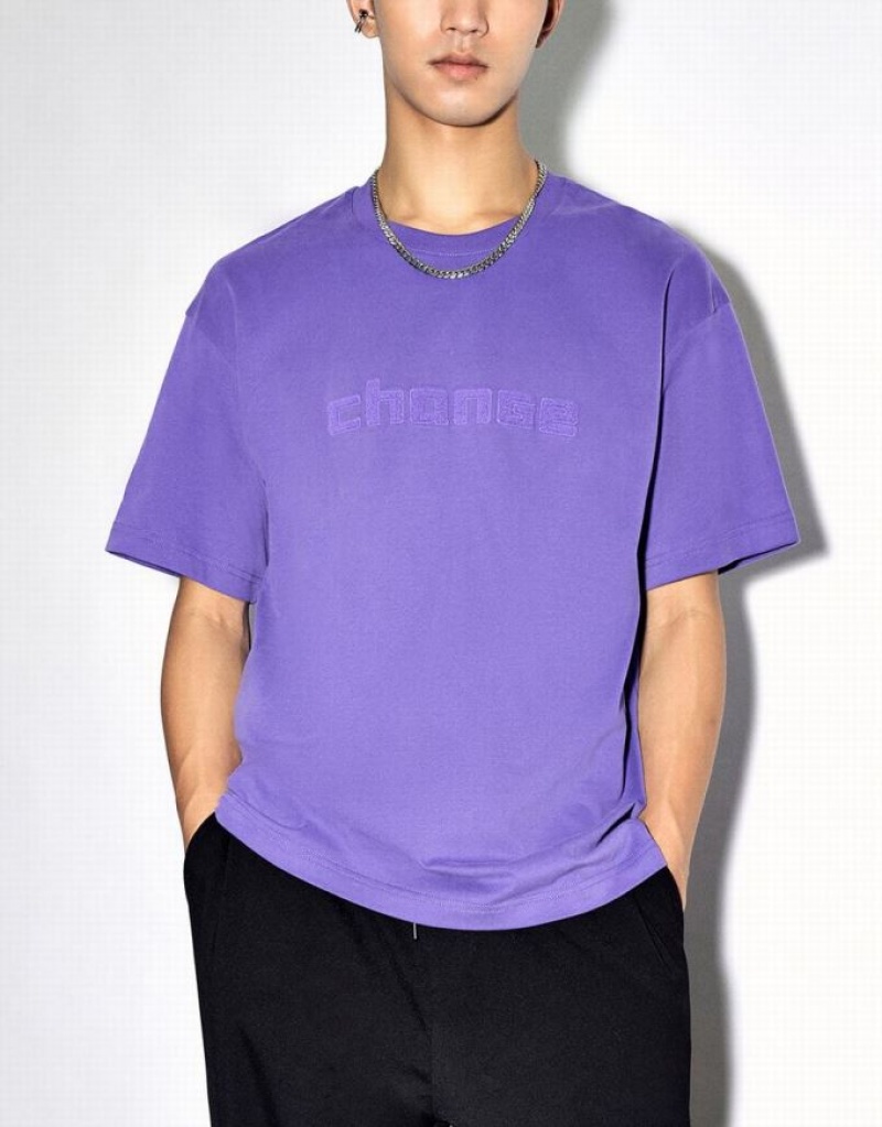 Urban Revivo Letter Embossed Crew Neck Tシャツ メンズ 紫 | 394658-WTH