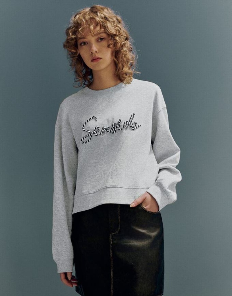 Urban Revivo Letter Embroidered Crew Neck Loose スウェットシャツ レディース ライトグレー | 625910-GVQ