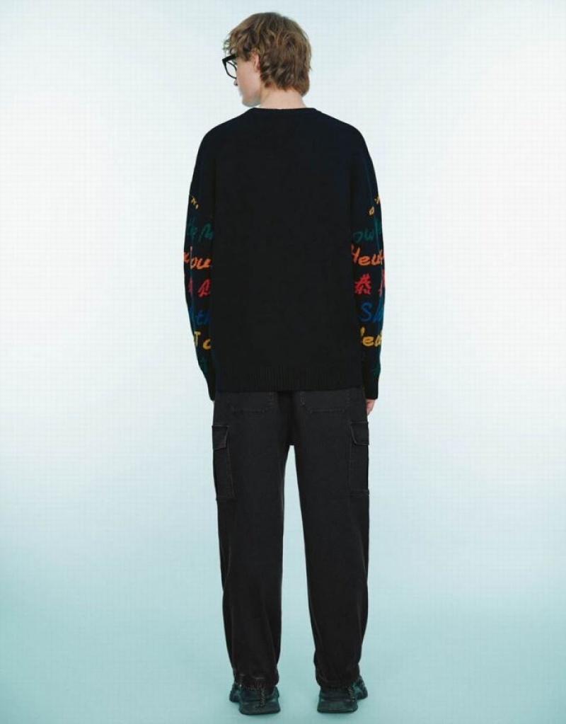 Urban Revivo Letter Embroidered Crew Neck セーター メンズ 黒 | 192865-IDE