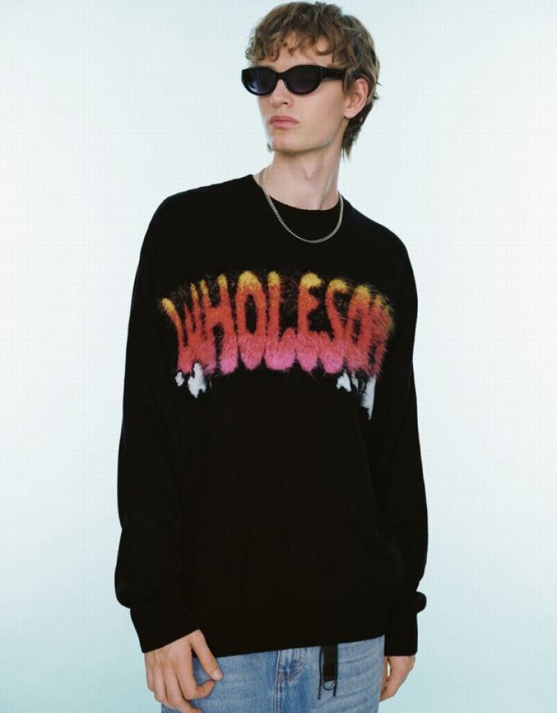 Urban Revivo Letter Embroidered ニット カーディガン メンズ 黒 | 691548-QMY