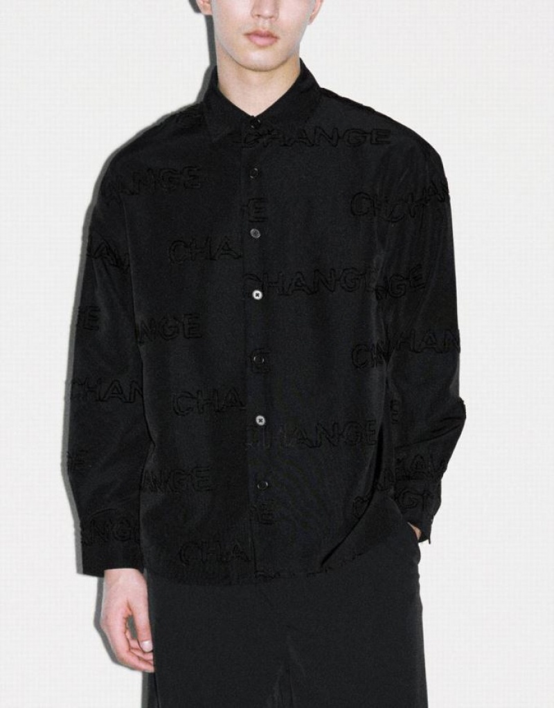 Urban Revivo Letter Printed Button Up Oversized シャツ メンズ 黒 | 167204-EYZ