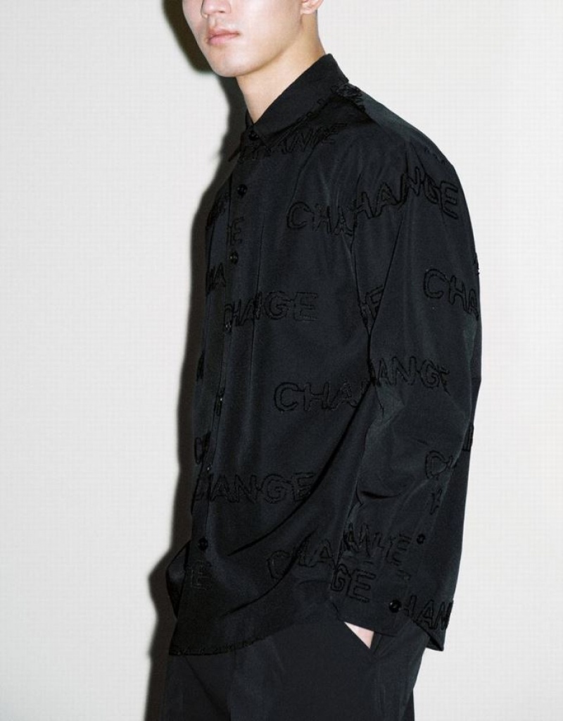 Urban Revivo Letter Printed Button Up Oversized シャツ メンズ 黒 | 167204-EYZ