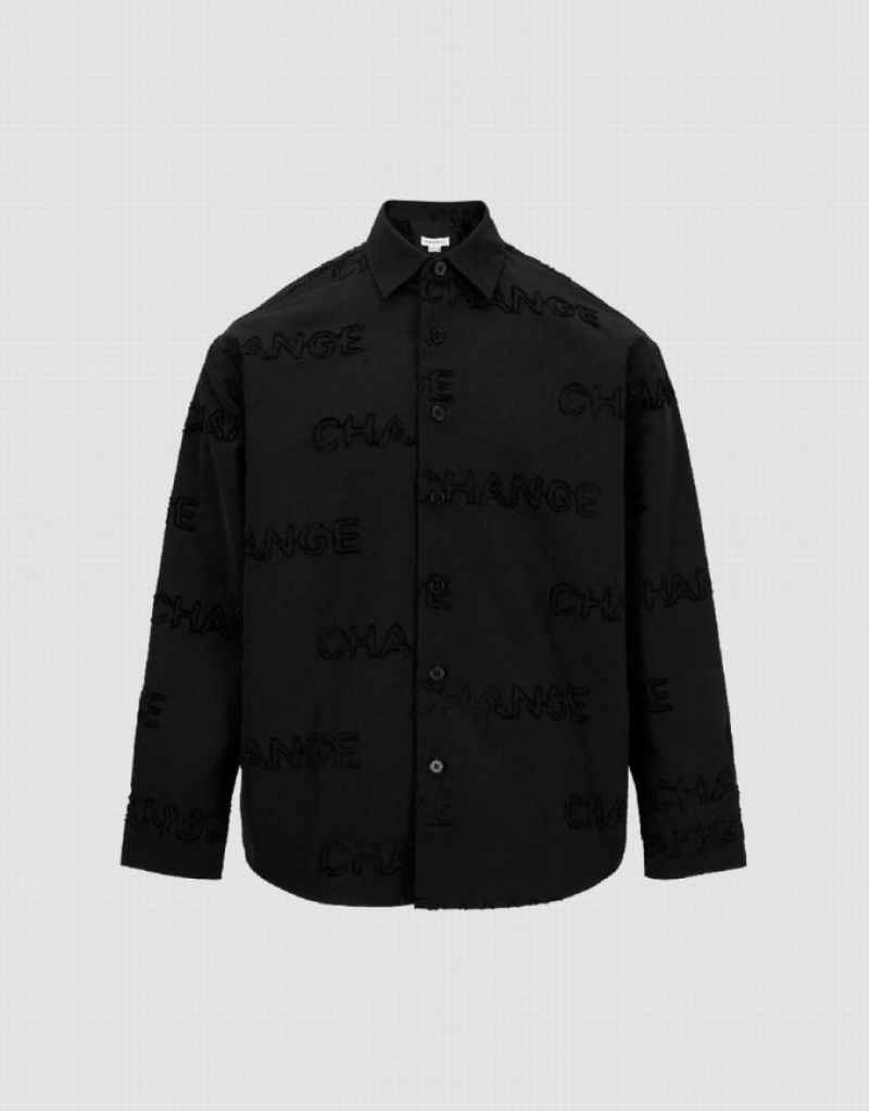 Urban Revivo Letter Printed Button Up Oversized シャツ メンズ 黒 | 167204-EYZ