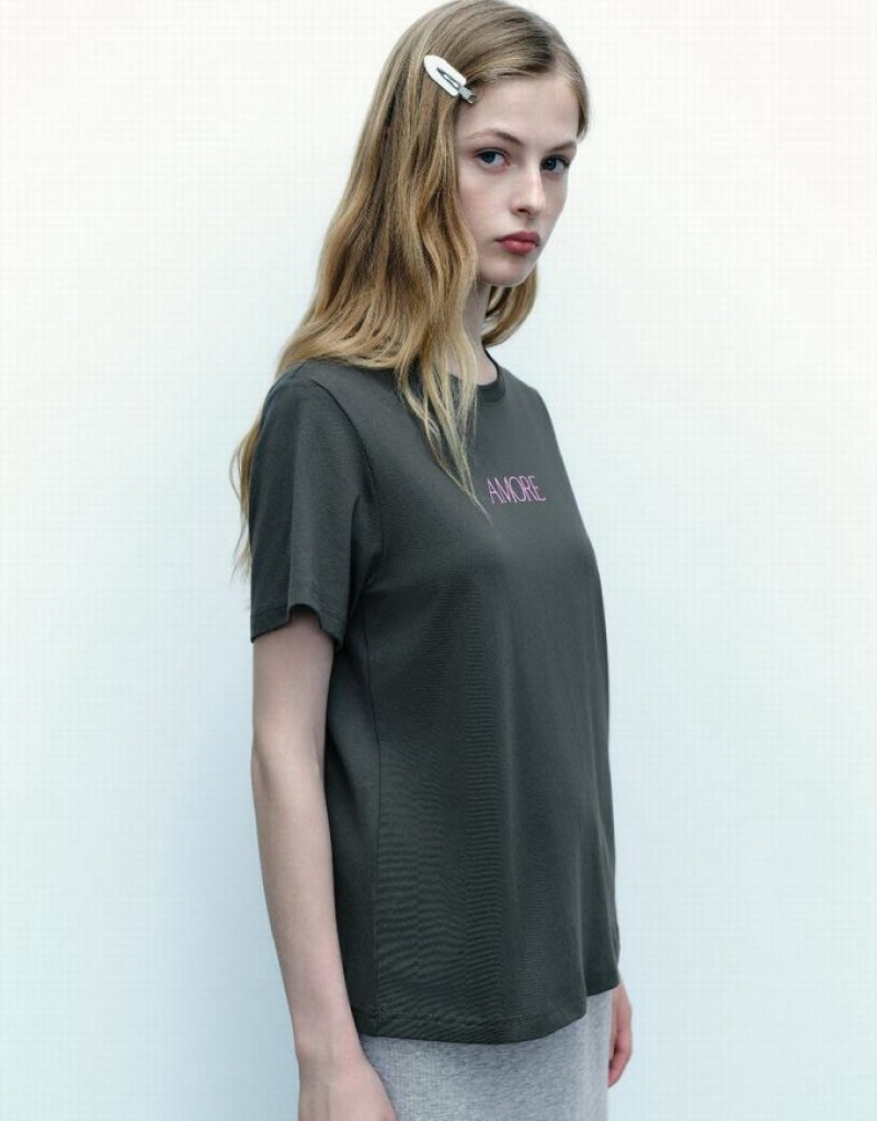 Urban Revivo Letter Printed Crew Neck A-Line Tシャツ レディース 暗グレー | 354081-EQF