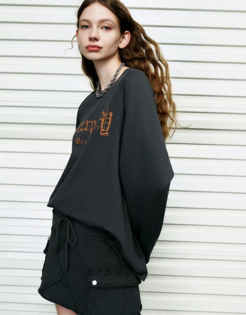 Urban Revivo Letter Printed Crew Neck Loose Tシャツ レディース 暗グレー | 487261-OBN