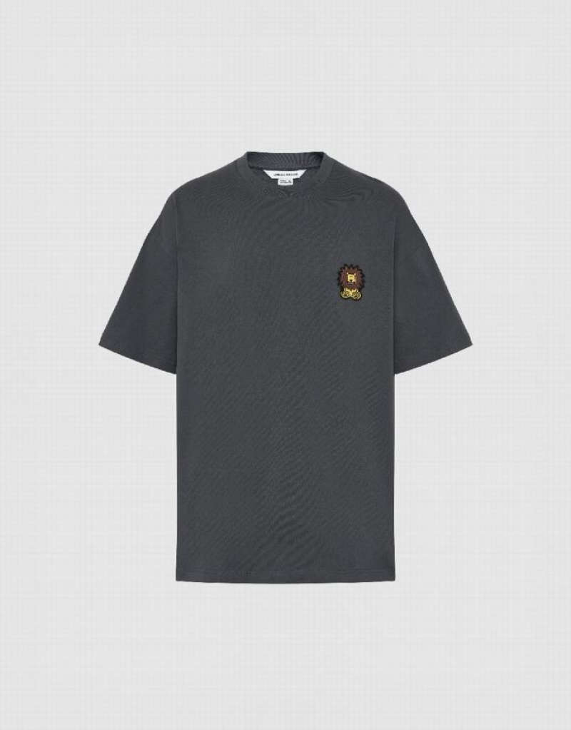 Urban Revivo Lion Embossed Crew Neck Tシャツ メンズ 暗グレー | 739580-CVQ