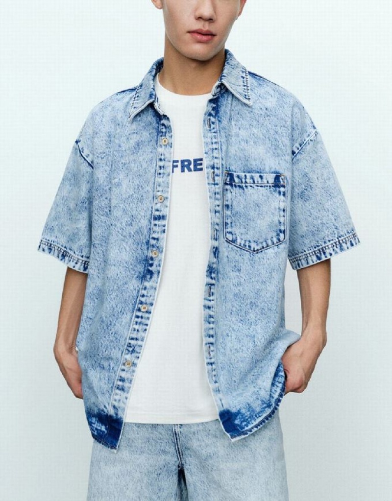 Urban Revivo Loose Denim シャツ メンズ 青 | 176590-DLU