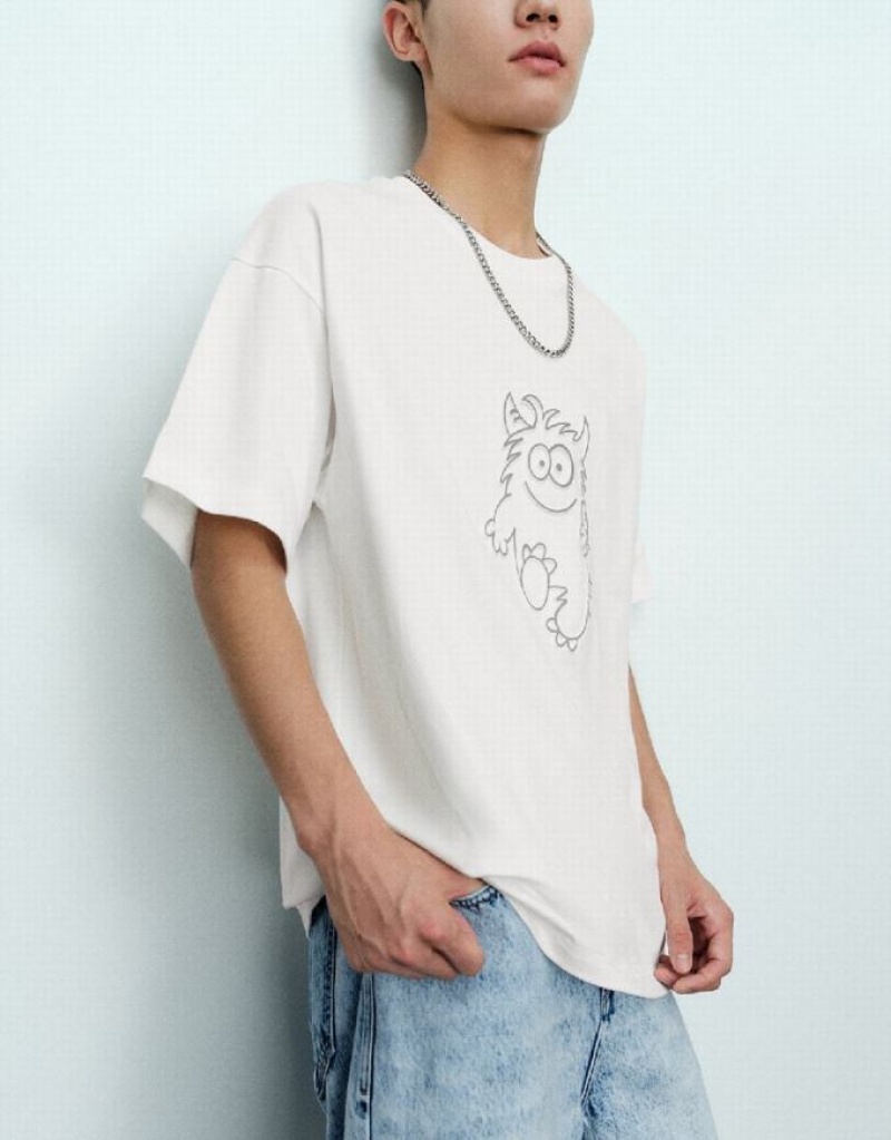 Urban Revivo Monster Printed Crew Neck Tシャツ メンズ 白 | 051268-MAI