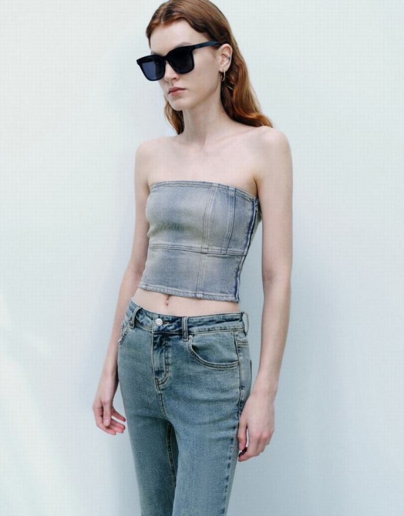 Urban Revivo Off-Shoulder Denim Tube Top シャツ レディース 青 | 379685-NKZ