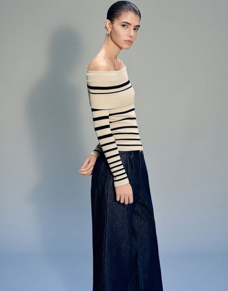 Urban Revivo Off-Shoulder スキニー Tシャツ レディース Stripes | 280169-WZH