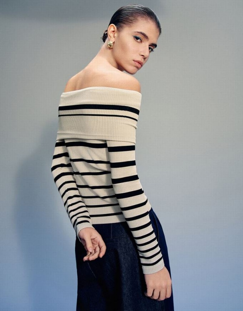 Urban Revivo Off-Shoulder スキニー Tシャツ レディース Stripes | 280169-WZH