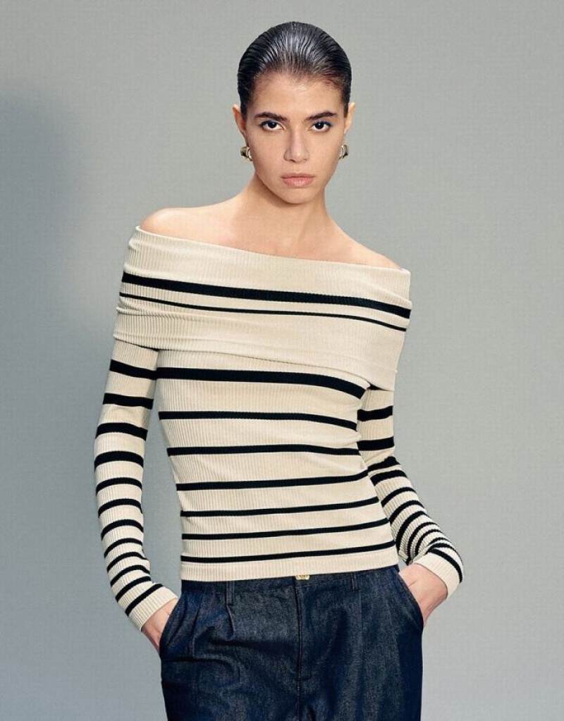 Urban Revivo Off-Shoulder スキニー Tシャツ レディース Stripes | 280169-WZH