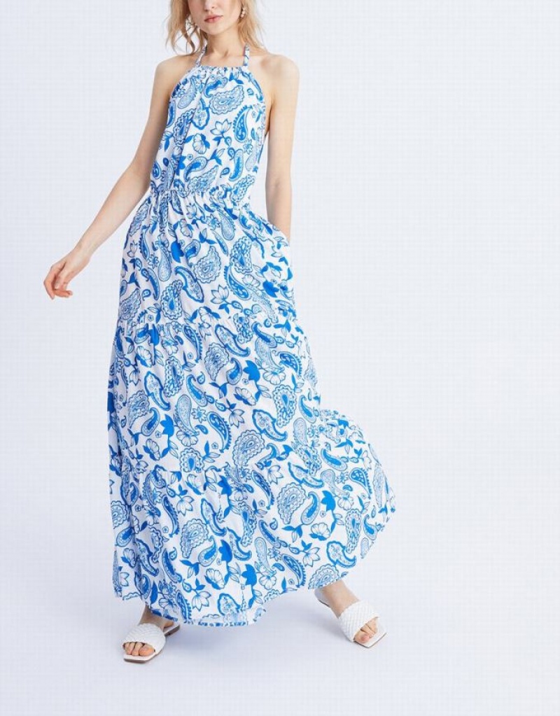 Urban Revivo Paisley Print Halter Maxi マキシドレス レディース 青 | 298405-PJN