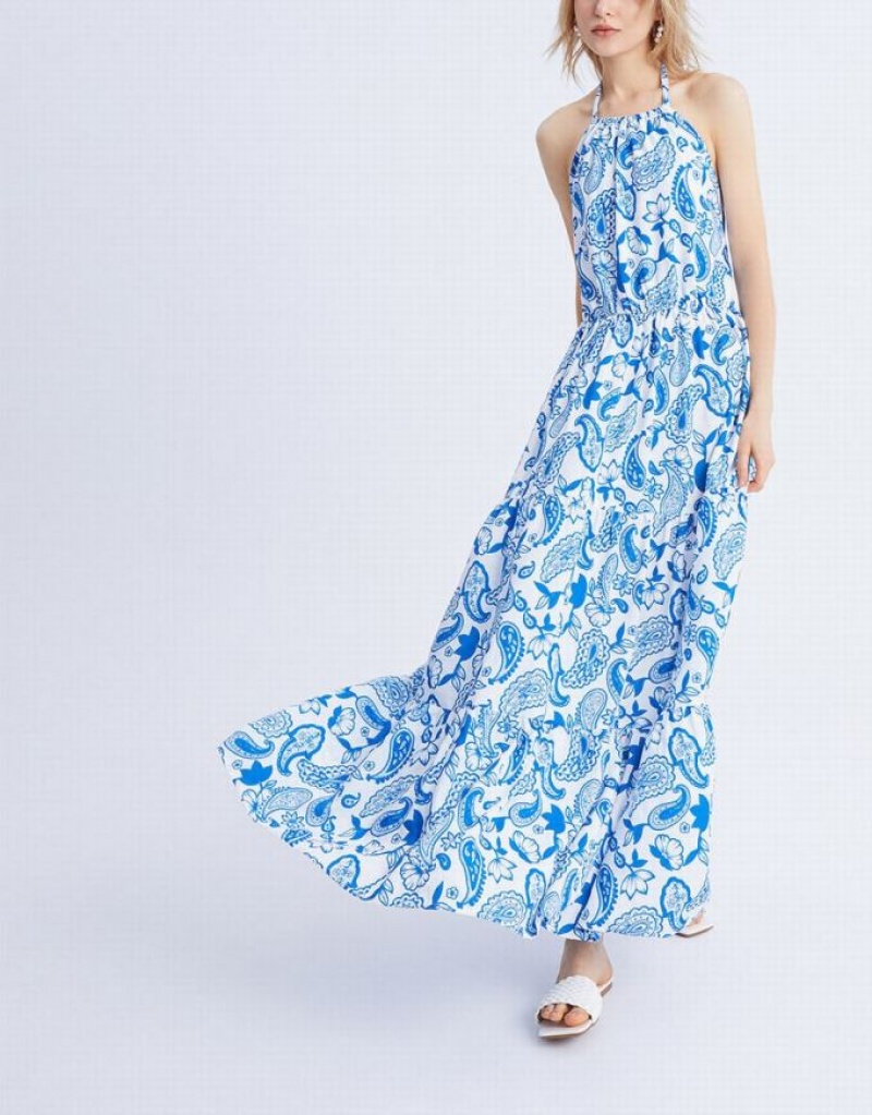 Urban Revivo Paisley Print Halter Maxi マキシドレス レディース 青 | 298405-PJN