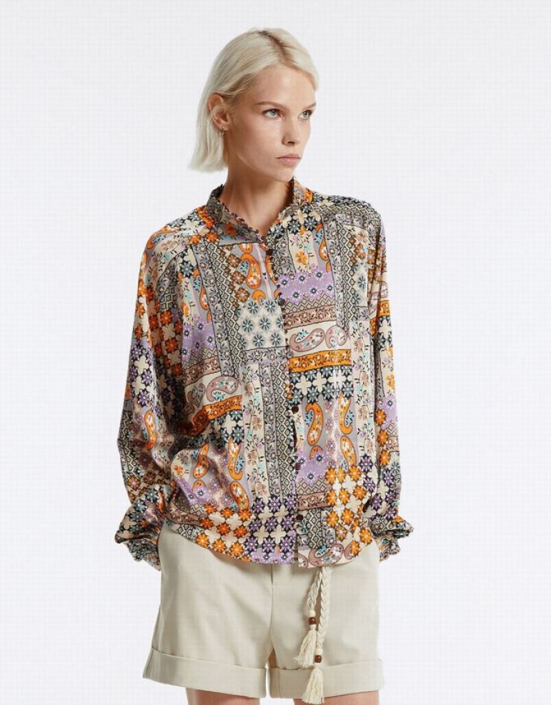 Urban Revivo Patchwork Print Satin シャツ レディース カラー | 268915-SZR