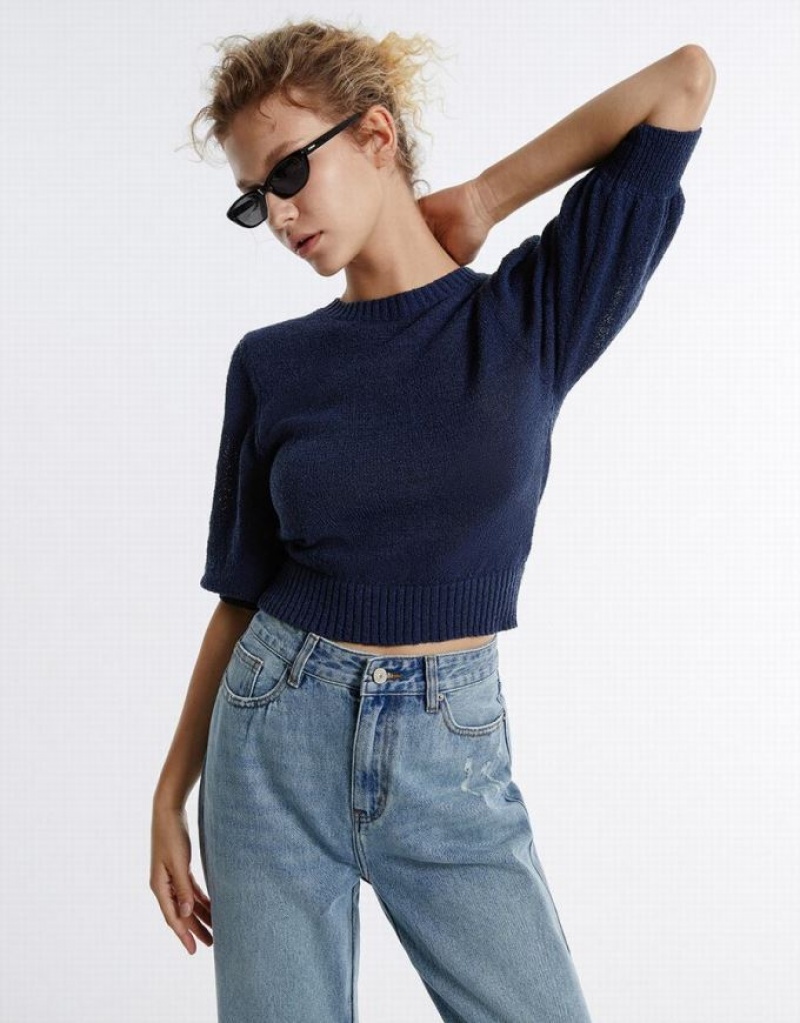 Urban Revivo Plain Cropped セーター レディース ネイビー | 965483-NJM