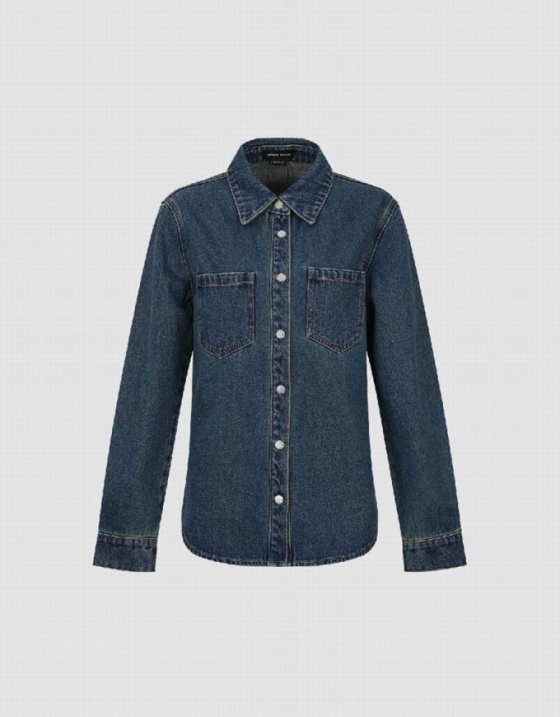 Urban Revivo Press Buttoned Denim シャツ レディース 青 | 906728-XKO