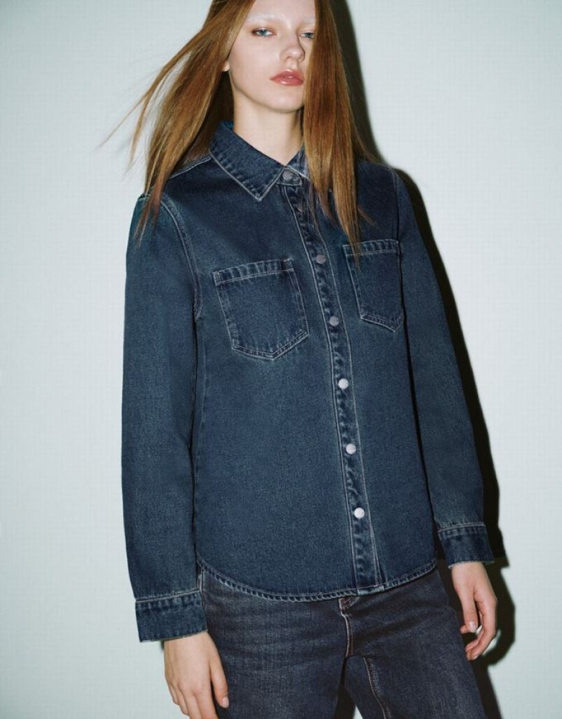 Urban Revivo Press Buttoned Denim シャツ レディース 青 | 906728-XKO