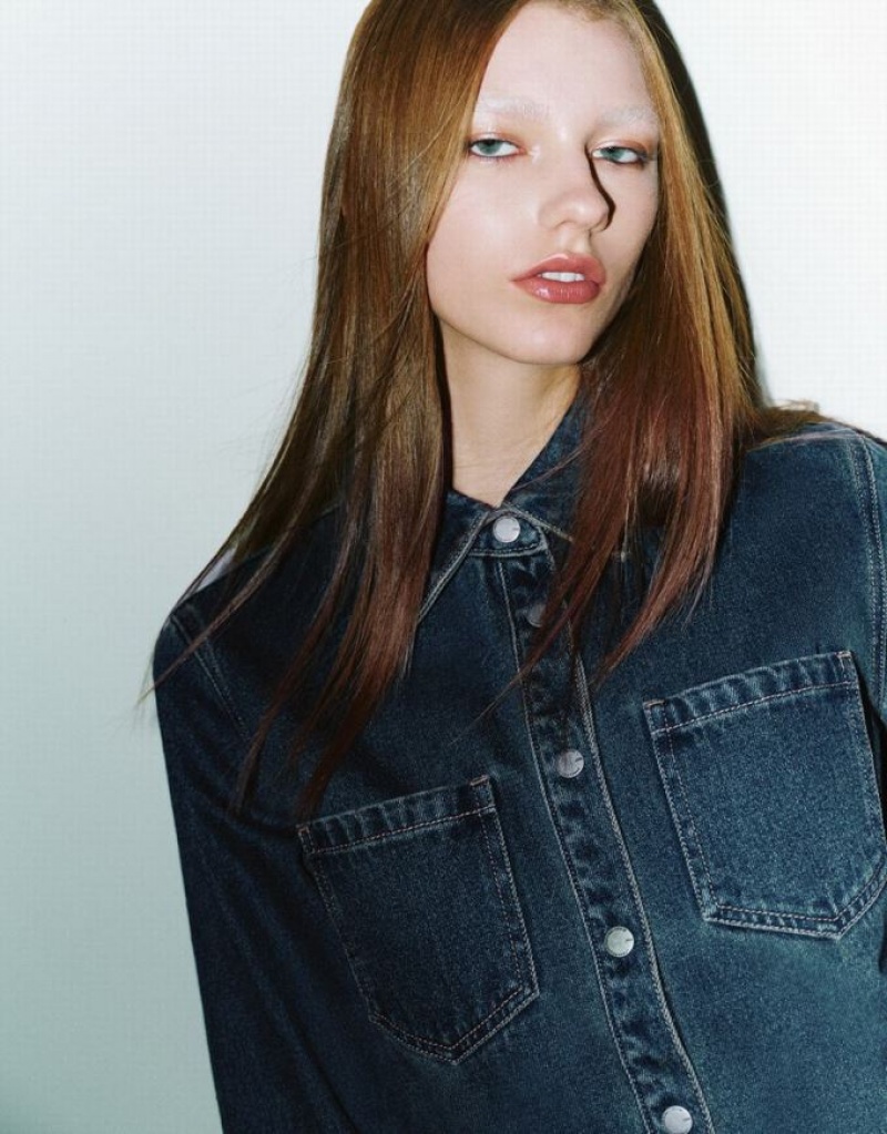 Urban Revivo Press Buttoned Denim シャツ レディース 青 | 906728-XKO