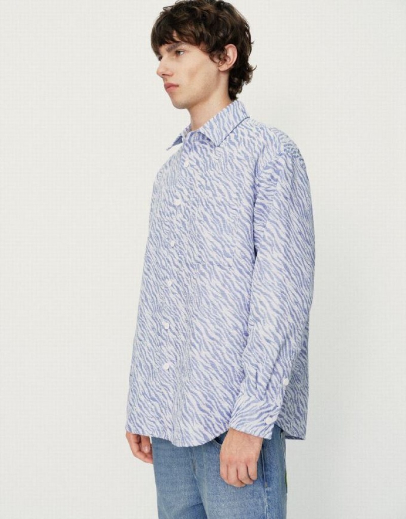 Urban Revivo Printed Button Up Oversized ジャケット メンズ 青 | 509247-HQD