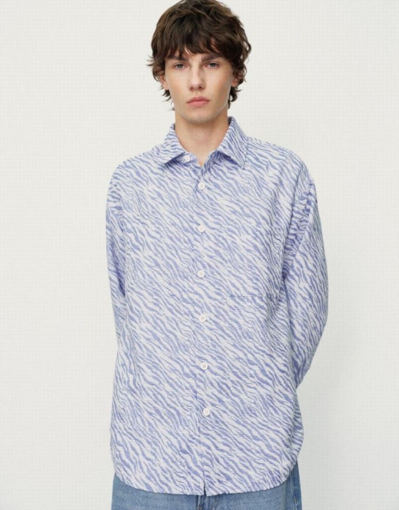 Urban Revivo Printed Button Up Oversized ジャケット メンズ 青 | 509247-HQD