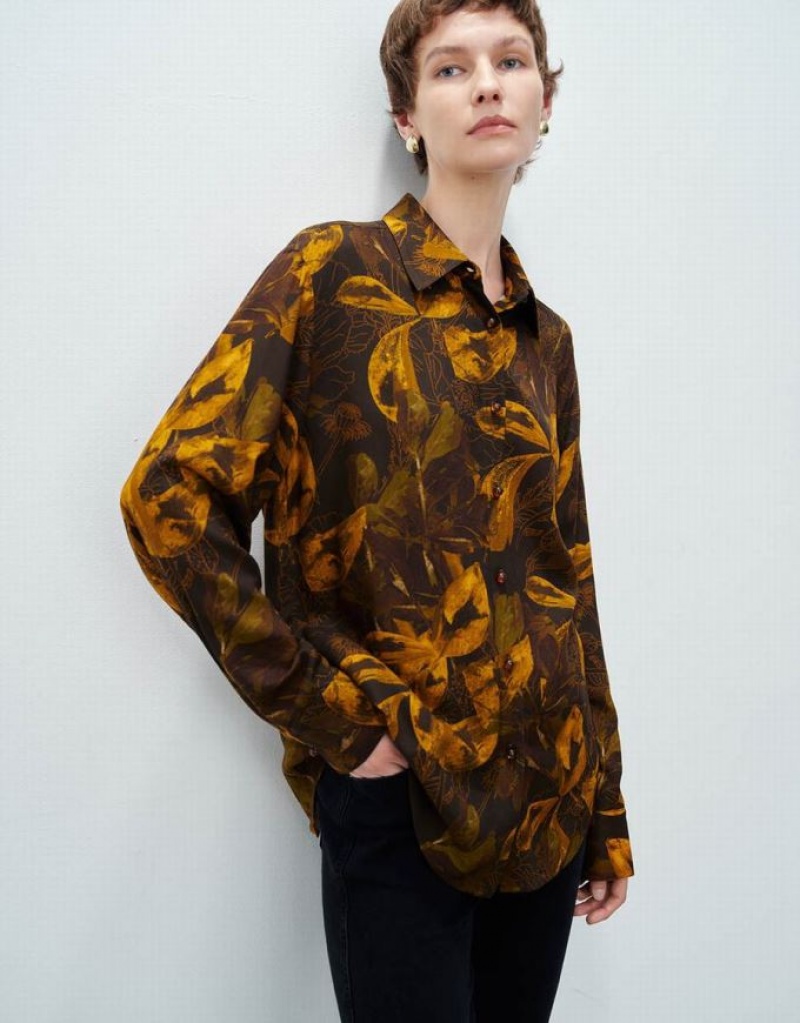 Urban Revivo Printed Button Up 真っ直ぐ シャツ レディース オレンジ | 524301-BNE