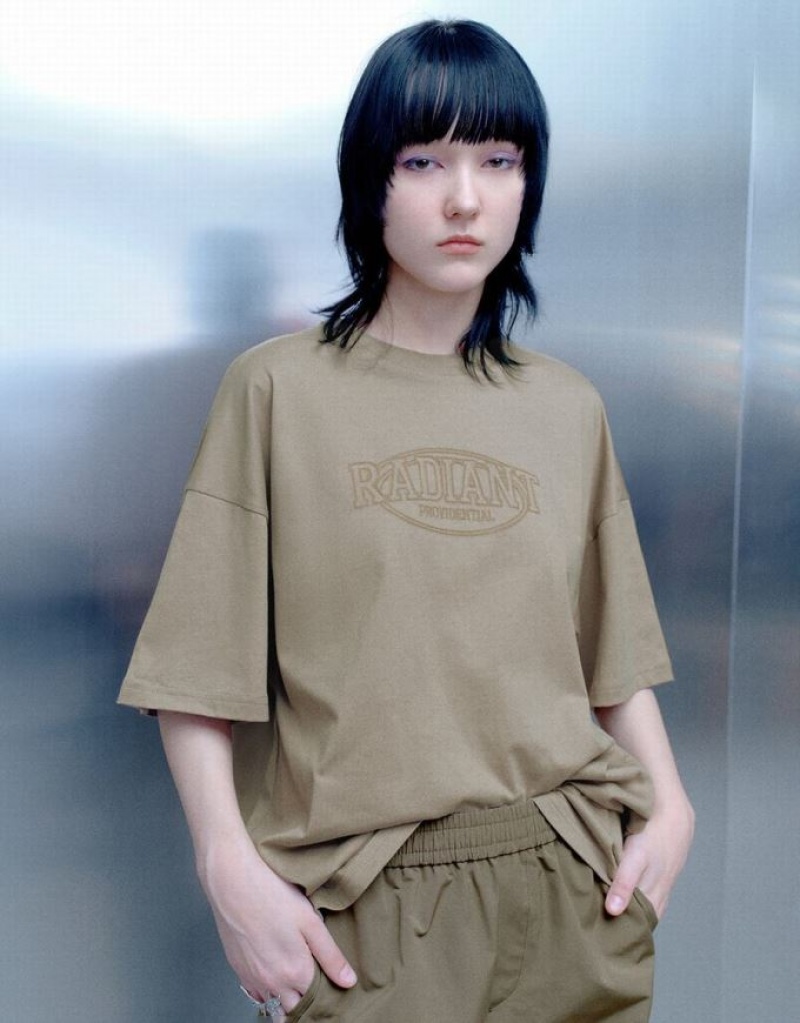 Urban Revivo Printed Crew Neck Loose Tシャツ レディース カーキ | 984205-UER