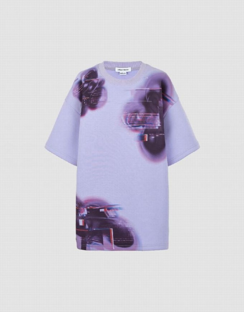 Urban Revivo Printed Crew Neck Loose Tシャツ レディース 紫 | 729608-IRQ