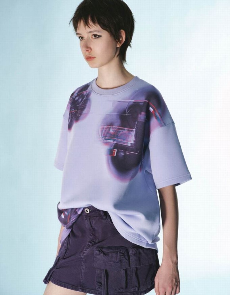 Urban Revivo Printed Crew Neck Loose Tシャツ レディース 紫 | 729608-IRQ