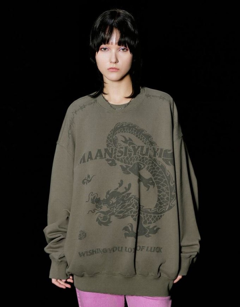 Urban Revivo Printed Crew Neck Oversized スウェットシャツ レディース 緑 | 854276-ZKE