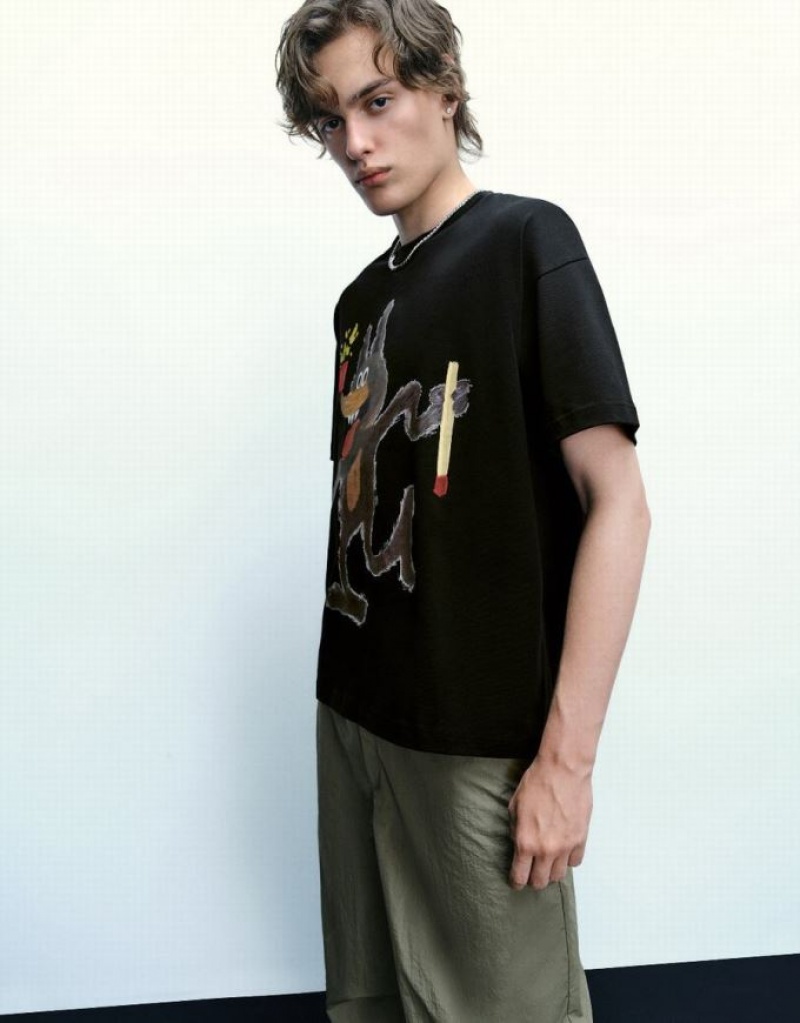 Urban Revivo Printed Crew Neck 真っ直ぐ Tシャツ メンズ 黒 | 361857-FWY