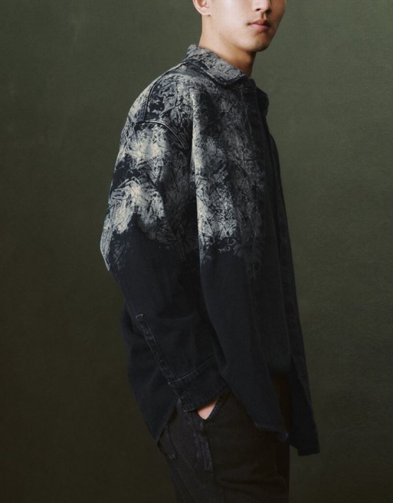 Urban Revivo Printed Loose Denim シャツ メンズ 黒 | 937258-LUZ