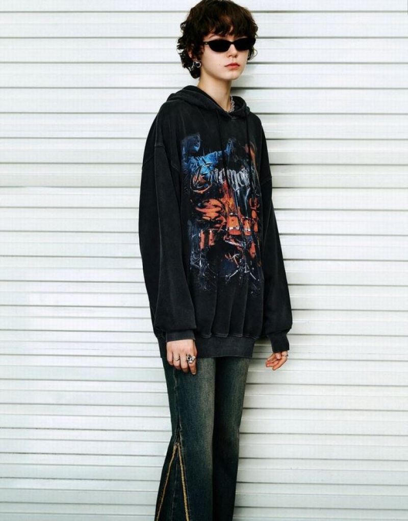 Urban Revivo Printed Loose パーカー レディース 黒 | 091283-MOK