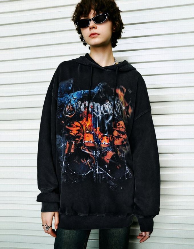 Urban Revivo Printed Loose パーカー レディース 黒 | 091283-MOK