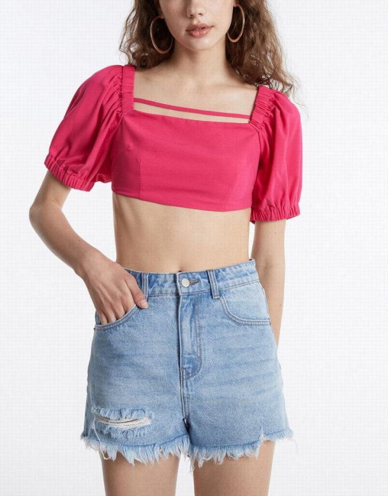 Urban Revivo Puff Sleeve Crop Tシャツ レディース ピンク | 693710-XTU