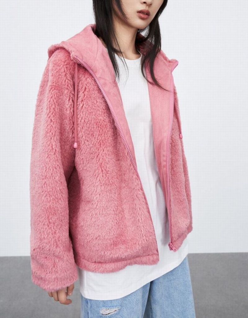 Urban Revivo Raglan Sleeve ジッパー Front Furry ジャケット レディース ピンク | 294307-THY