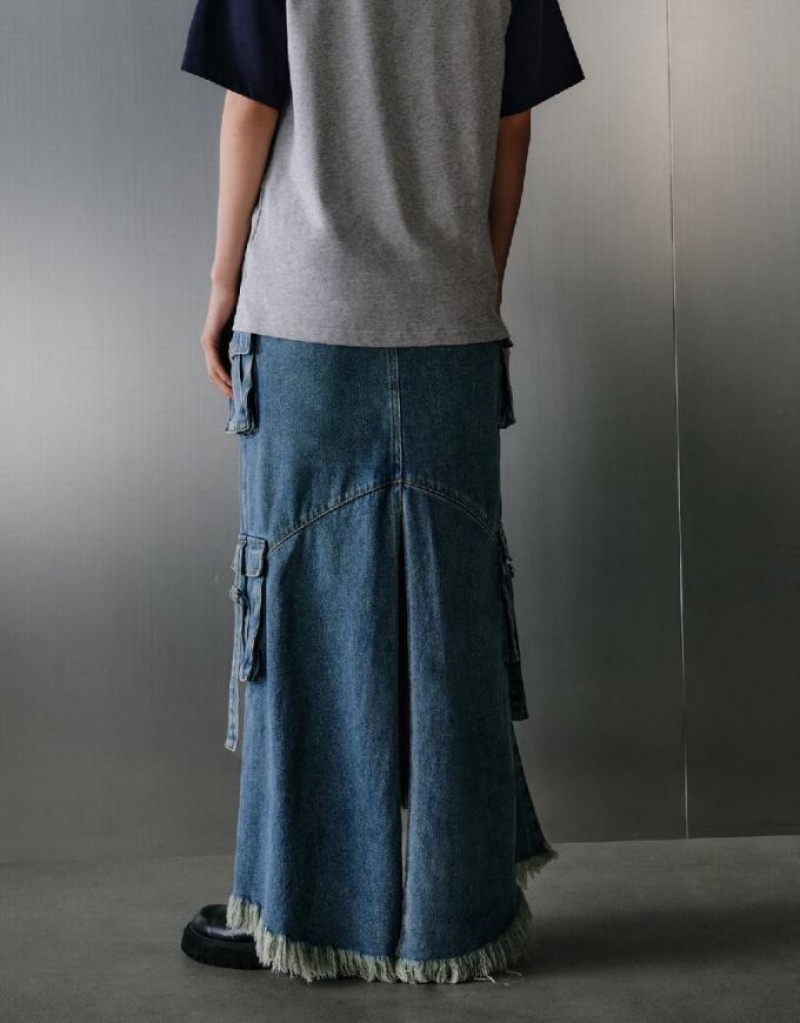 Urban Revivo Raw Hem With Pockets デニムスカート レディース 青 | 654732-ZTR