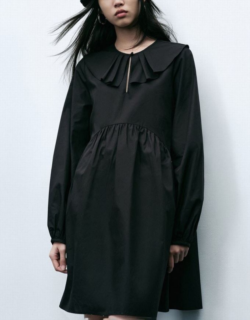 Urban Revivo Ruffle Collar A-Line ワンピース レディース 黒 | 658234-UPM