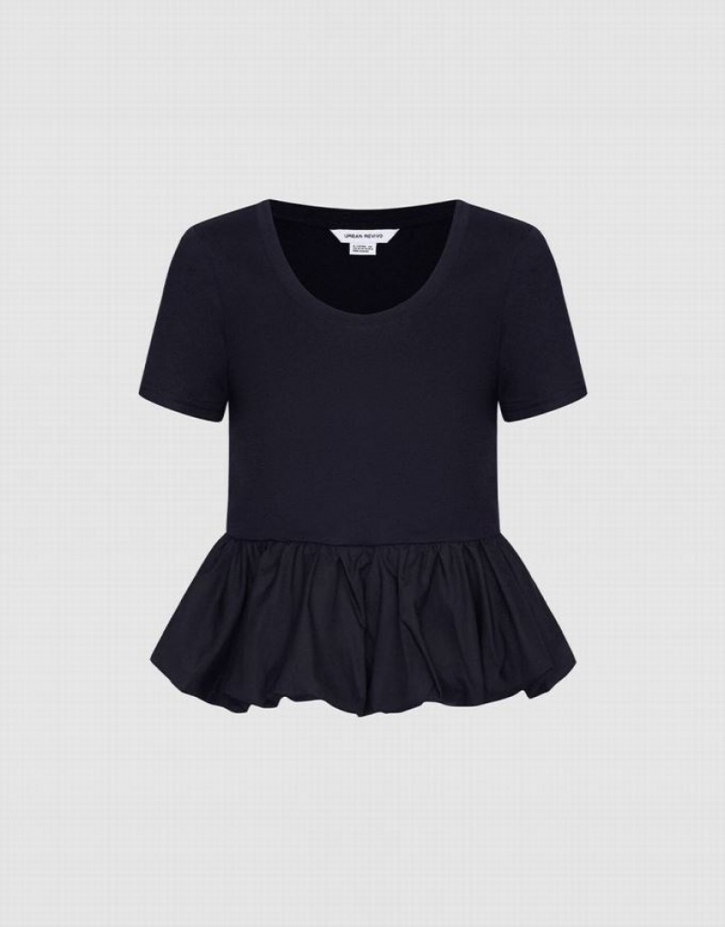 Urban Revivo Ruffle Hem Tシャツ レディース 黒 | 938452-DEY