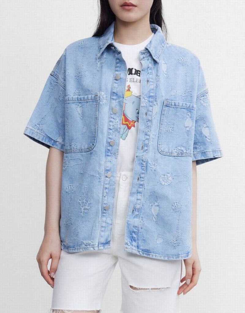 Urban Revivo Seashell Patched Pocket Denim シャツ レディース 青 | 389064-WLO