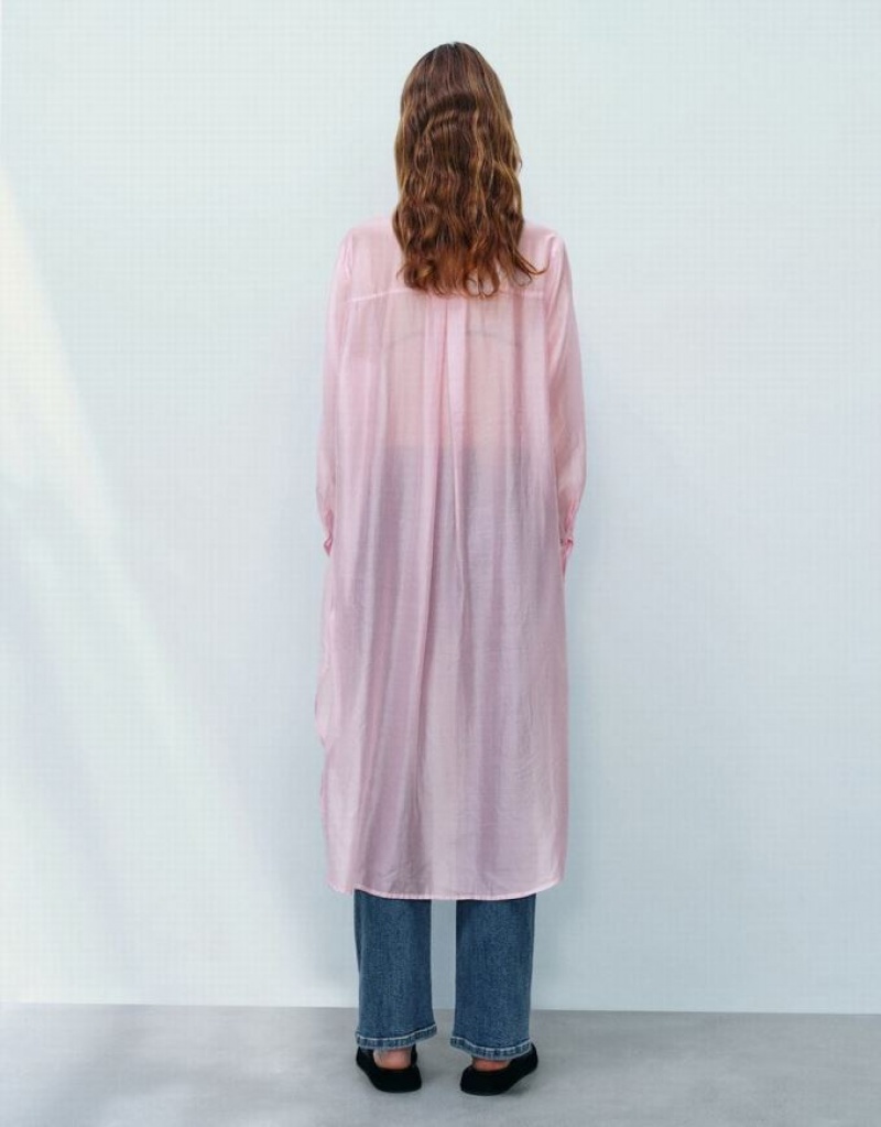 Urban Revivo Sheer Long 真っ直ぐ シャツ レディース ピンク | 465018-QHK