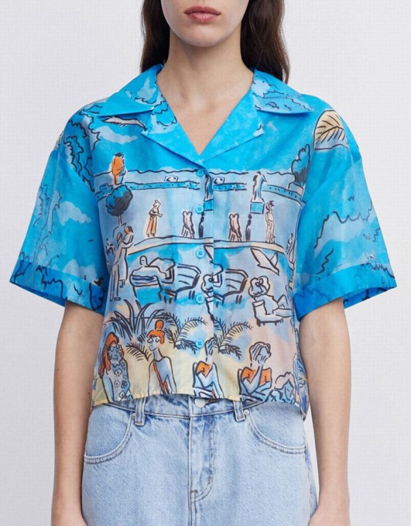 Urban Revivo Summer Landscape シャツ レディース 青 | 930825-BUR