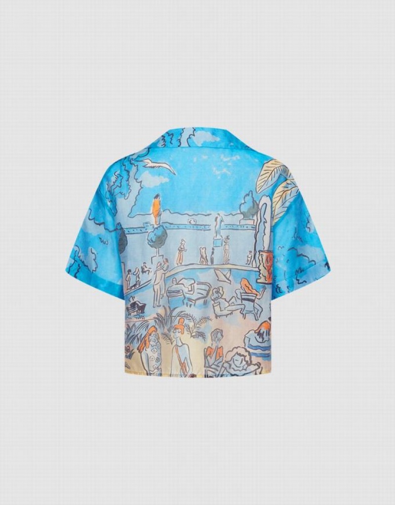 Urban Revivo Summer Landscape シャツ レディース 青 | 930825-BUR