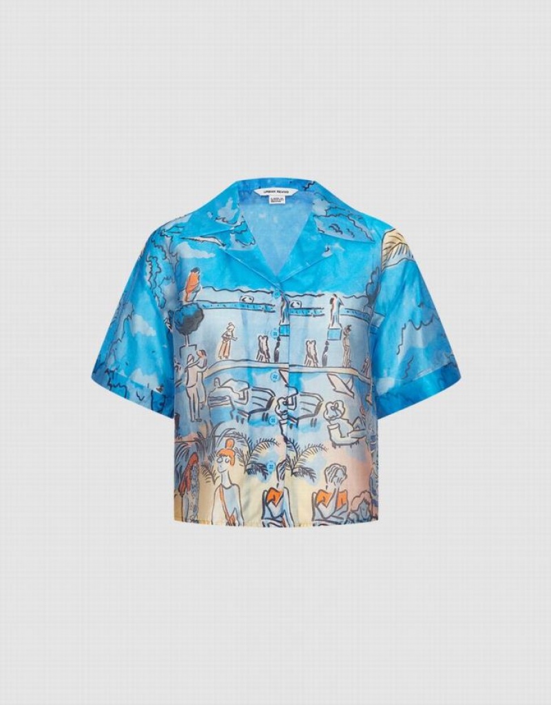 Urban Revivo Summer Landscape シャツ レディース 青 | 930825-BUR