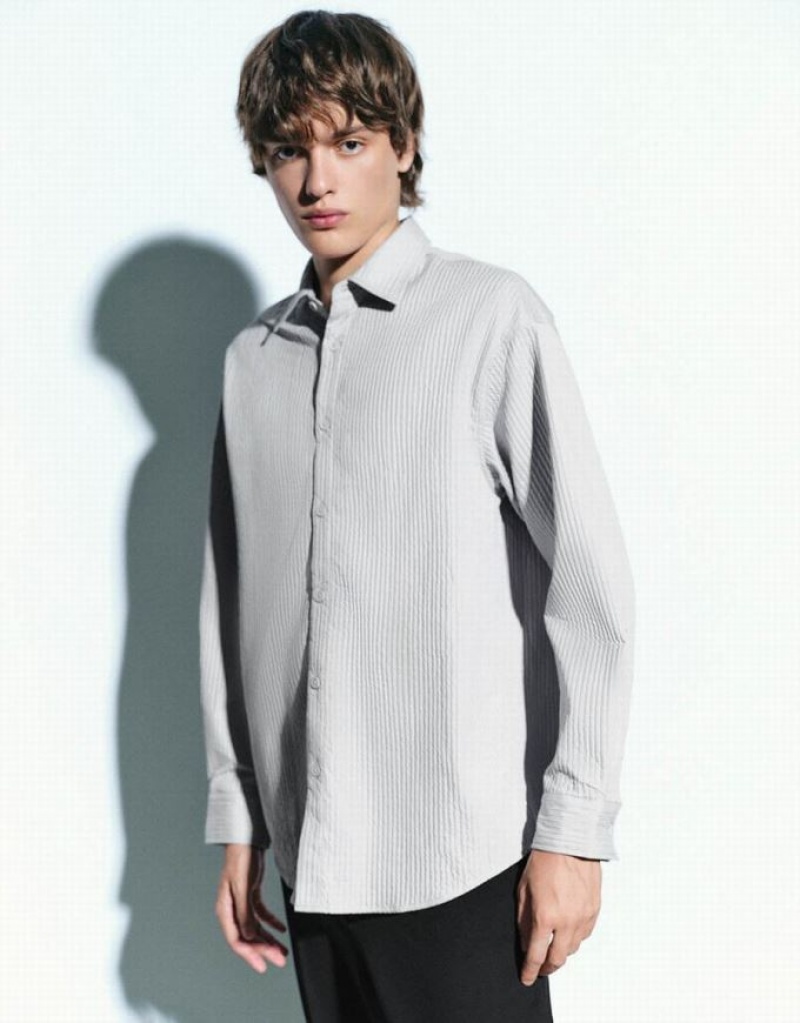 Urban Revivo Textured Button Up Loose シャツ メンズ ライトグレー | 097268-RPH