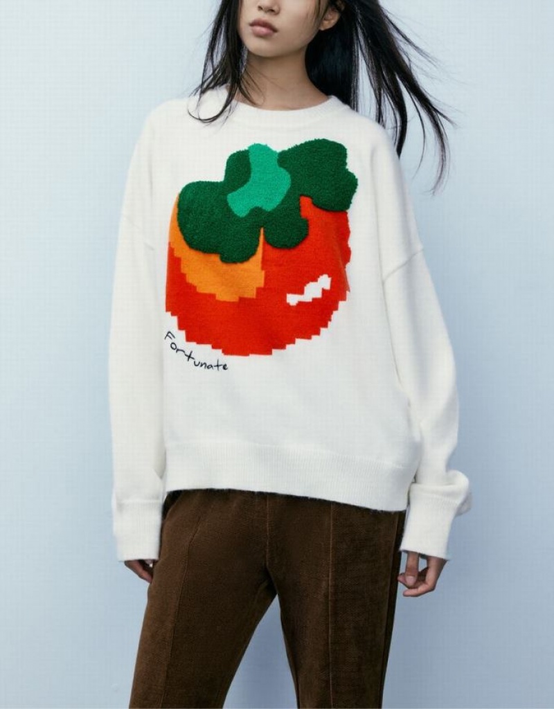 Urban Revivo Tomato Print Knit カーディガン レディース 白 | 360754-ATQ