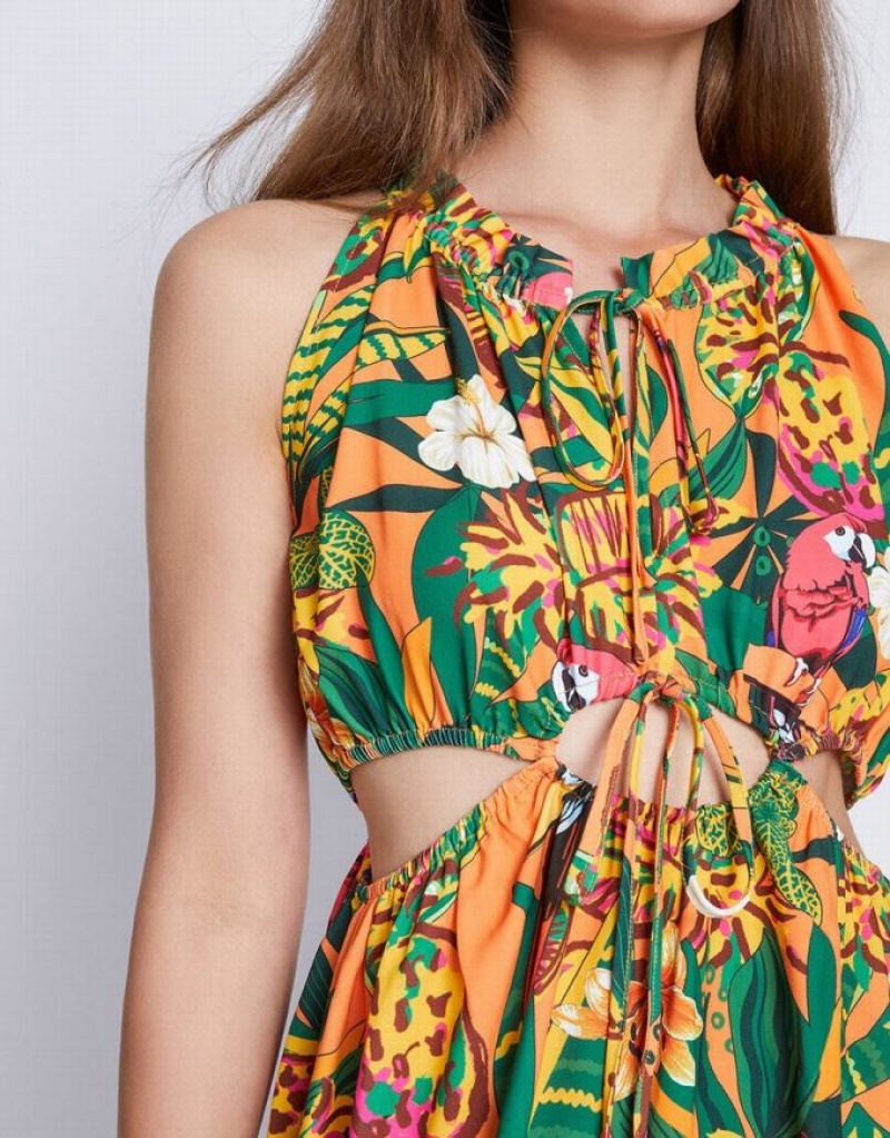 Urban Revivo Tropical Print Cut Out ノースリーブ Midi Sun ミディドレス レディース 黄色 | 918364-JNO