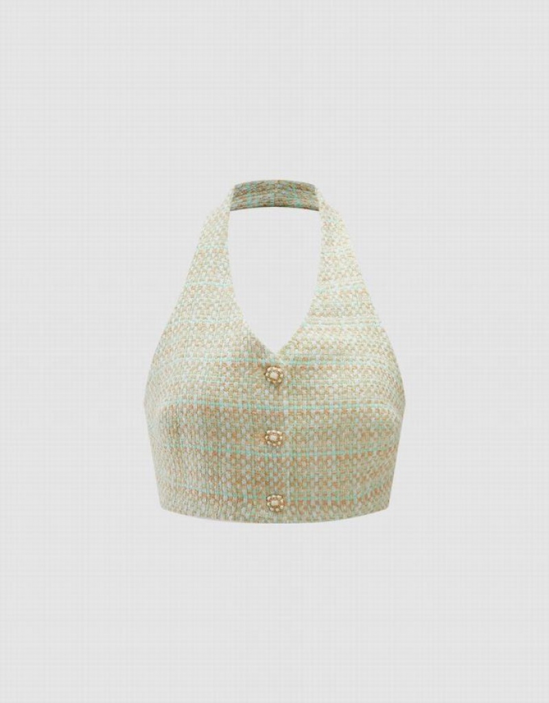 Urban Revivo Tweed Halter タンクトップ レディース Mint | 173265-ANR