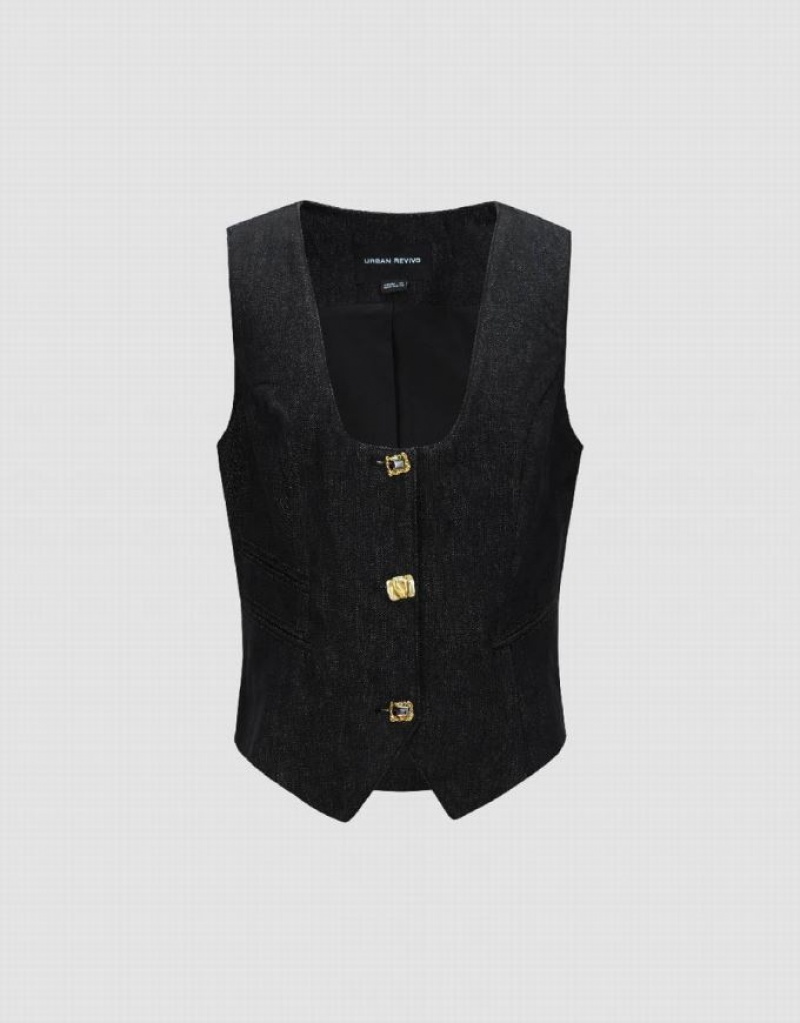 Urban Revivo U Neck Denim Waistcoat シャツ レディース ネイビー | 128037-UXY